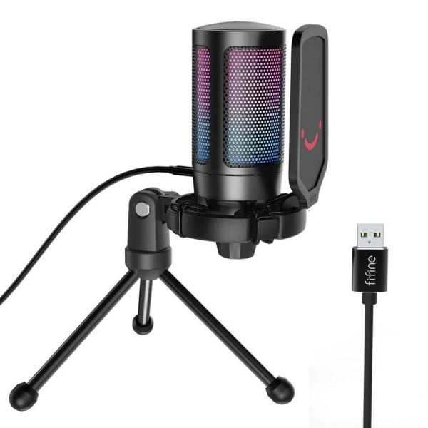 FIFINE USB Gaming PC Microphone for Streaming Podcasts AmpliGame RGB Computer Condenser Desktop Mic Cardioid Pattern for  Video Plug and Play O